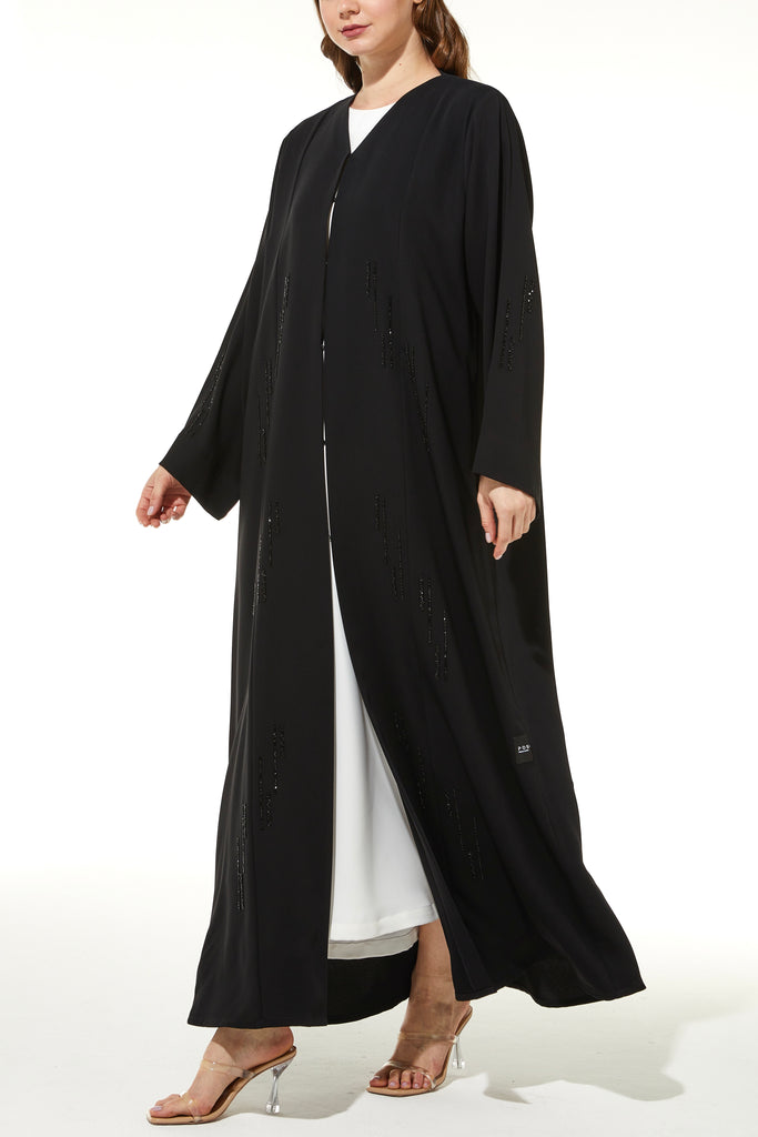 Linear Beadwork Soft Crepe Black Abaya