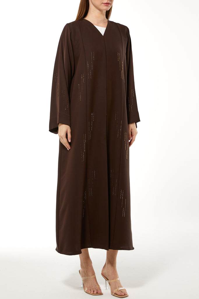 Linear Beadwork Soft Crepe Brown Abaya